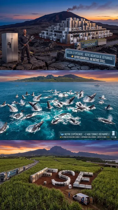 Montage photo FSE dépannage électroménager Réunion 2400 tonnes volcan baleine champ de canne.
