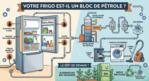 Infographie de Froid Sec Électroménager montrant le lien entre le pétrole et les appareils ménagers. À gauche, un réfrigérateur en coupe avec ses composants dérivés du pétrole (Plastique ABS, mousse polyuréthane, joints élastomères, câbles PVC) marqués par des gouttes d'huile. À droite, le processus industriel : distillation du pétrole brut en naphta, transformation en polymères, puis fabrication d'une cafetière, d'un lave-linge et d'un aspirateur. En bas, une section 'Le défi de demain ?' propose les alter