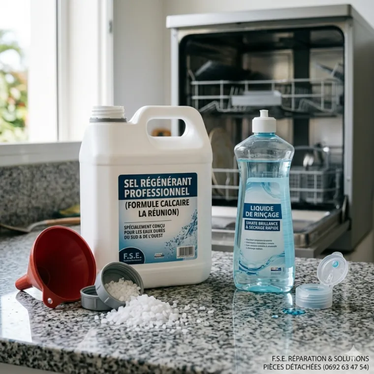 Entretien lave-vaisselle La Réunion : sel professionnel et liquide de rinçage contre le calcaire à Saint-Pierre et Saint-Paul