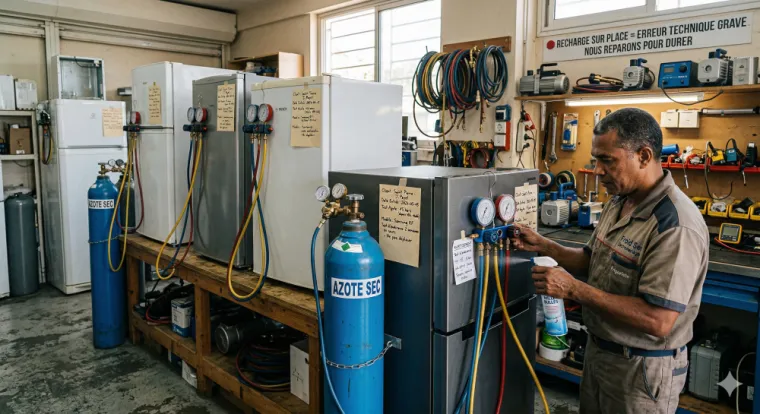 Atelier de réparation Froid Sec Électroménager à Saint-Louis, Réunion. Un technicien frigoriste effectue un test de pression à l'azote sur un banc d'essai pour détecter des micro-fuites et garantir une réparation durable de réfrigérateur.