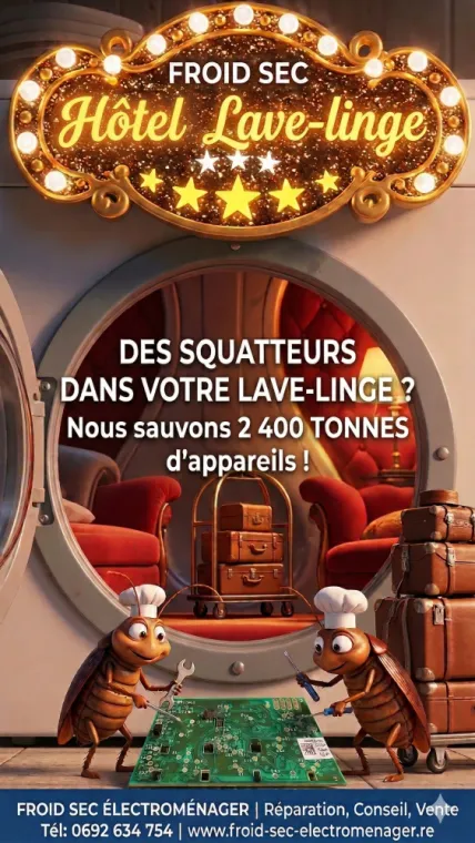 Illustration humoristique infestation cafards lave-linge - Froid Sec Réunion.