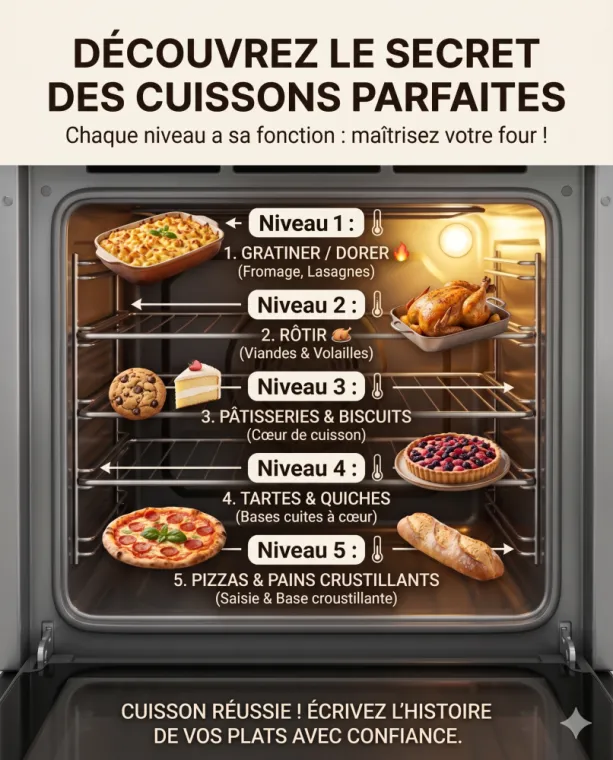 Infographie explicative des niveaux de cuisson d'un four pour cuisine parfaite.