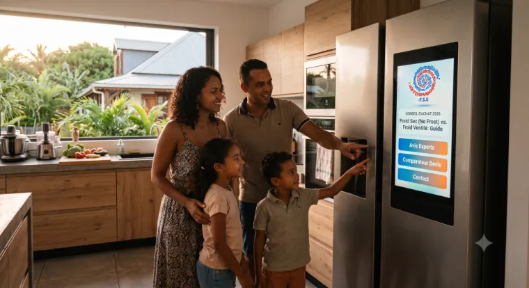 Famille choisissant un réfrigérateur américain connecté à écran tactile avec le logo F.S.E Froid Sec Électroménager